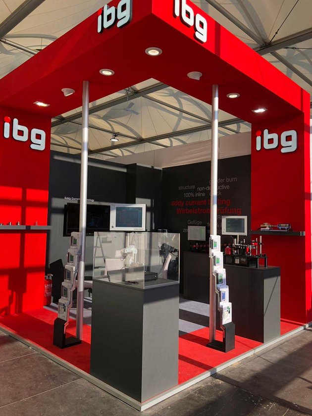 Rendering of the red ibg trade fair stand in wolfsburg